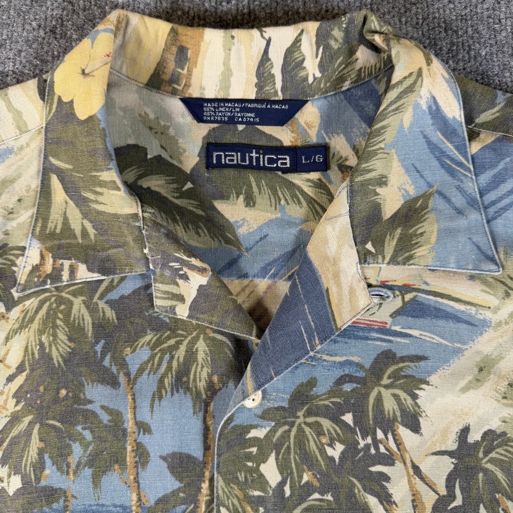 Nautica Mens Large Tropical Palm Tree Hibiscus Linen Blend Camp Shirt Blue #3860